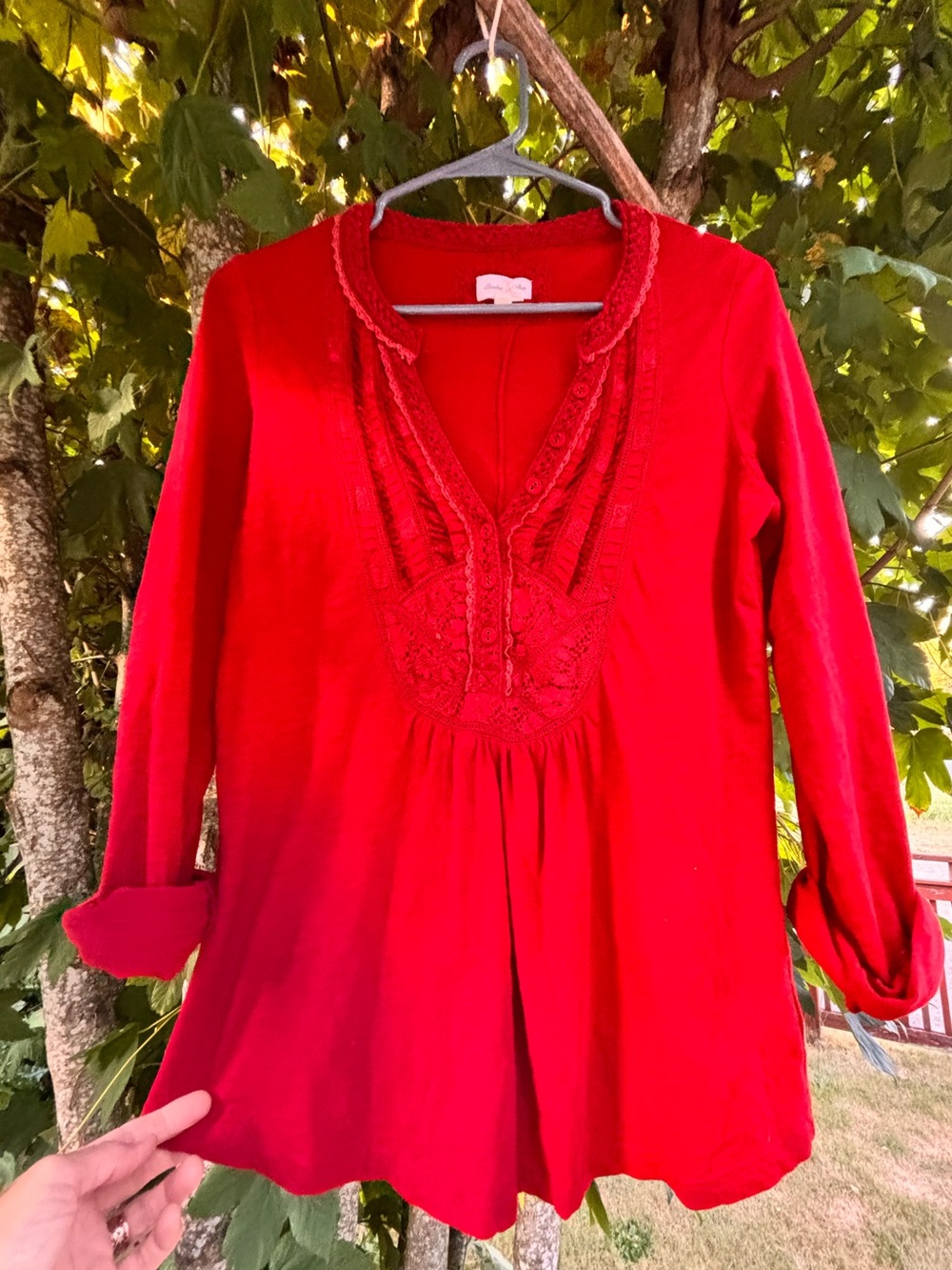 Meadow Rue Red Long-Sleeve V-Neck Embroidered Tunic
